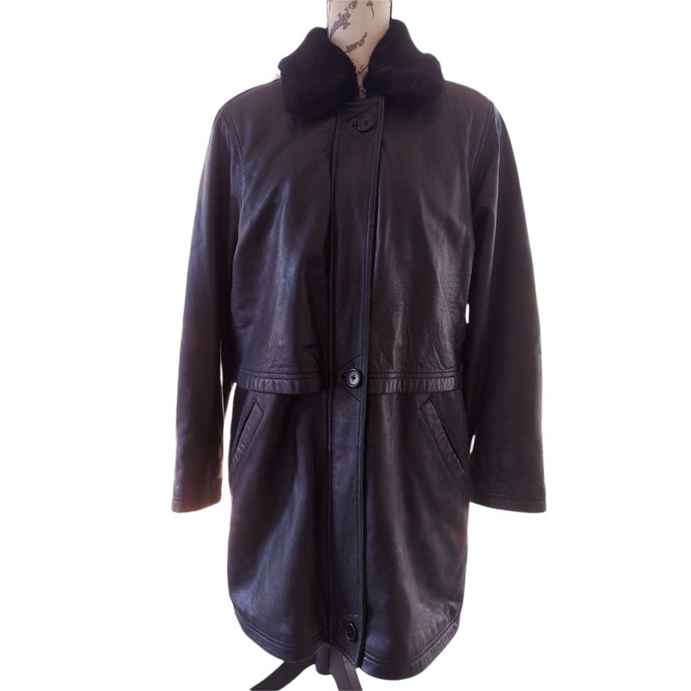 VTG NORDSTROM Women's Black Faux Fur Collar Lambskin Leather Coat Size 8